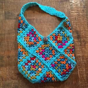Handmade Crochet Granny Square Shoulder Bag Purse Blue Jewel Boho Cottagecore